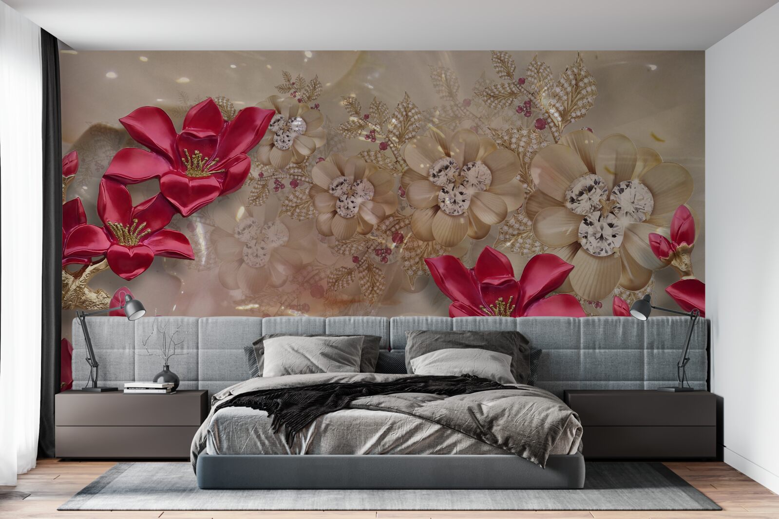 Fototapeta czerwone gałęzie ozdobione są złotem i perłami