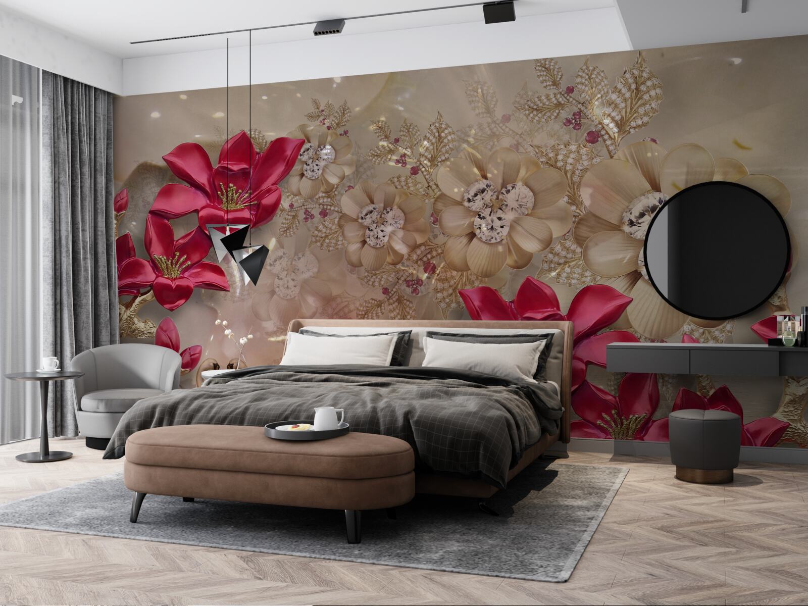 Fototapeta czerwone gałęzie ozdobione są złotem i perłami