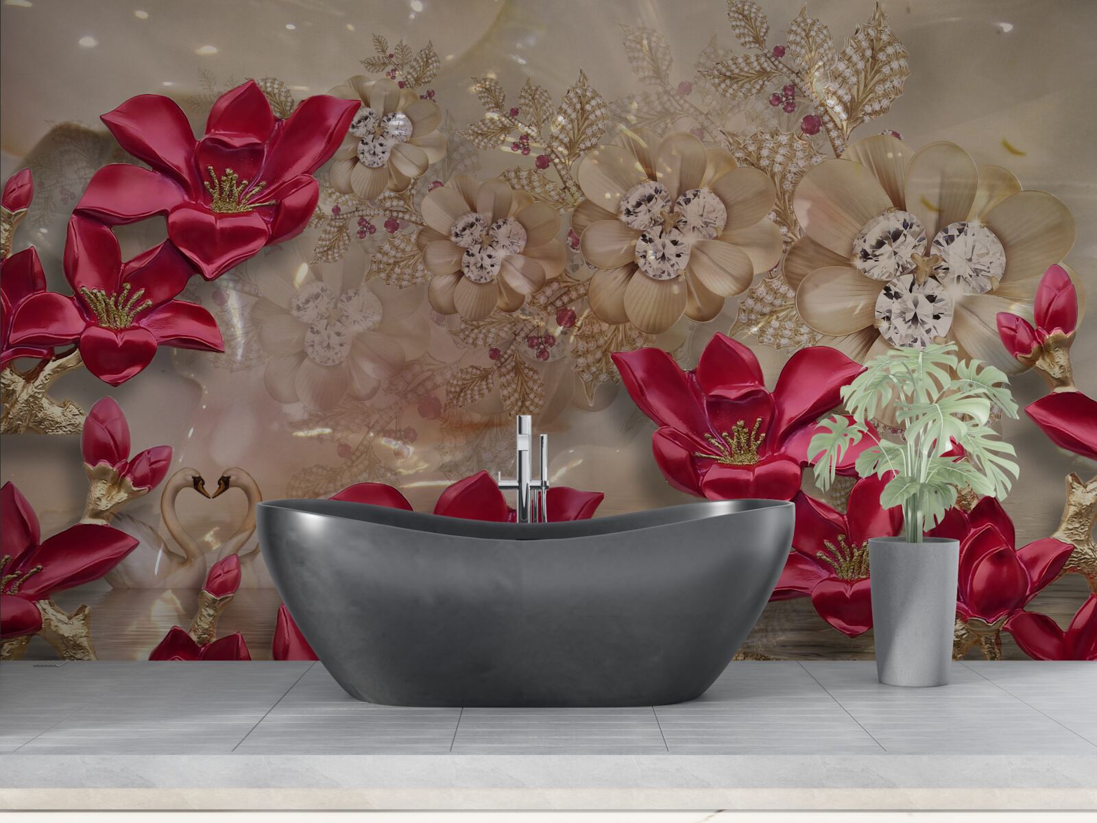 Fototapeta czerwone gałęzie ozdobione są złotem i perłami