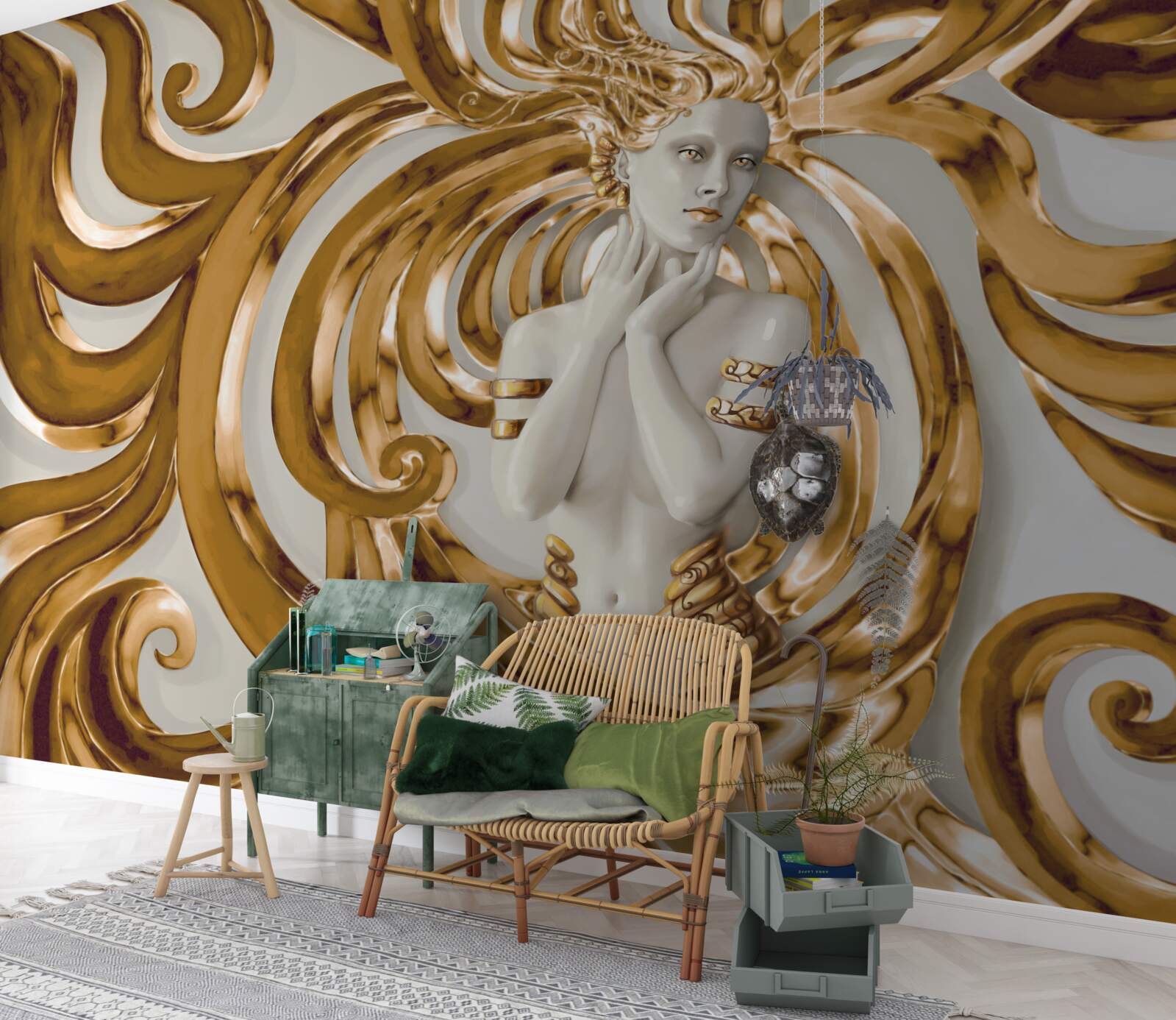 Fototapeta złote linie i zarys dziewczyny