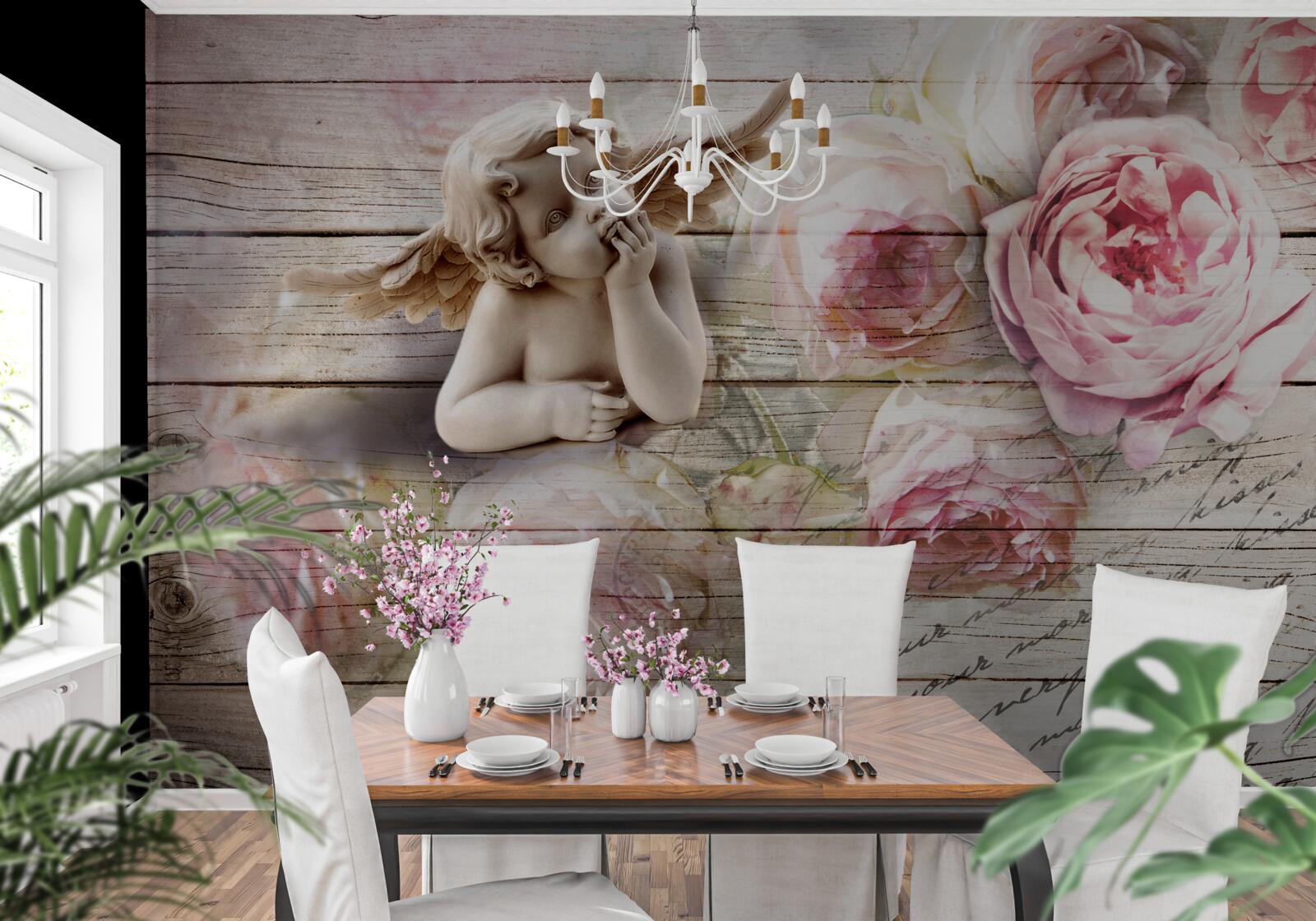 Fototapeta odblaskowy aniołek i szkarłatne pąki róż