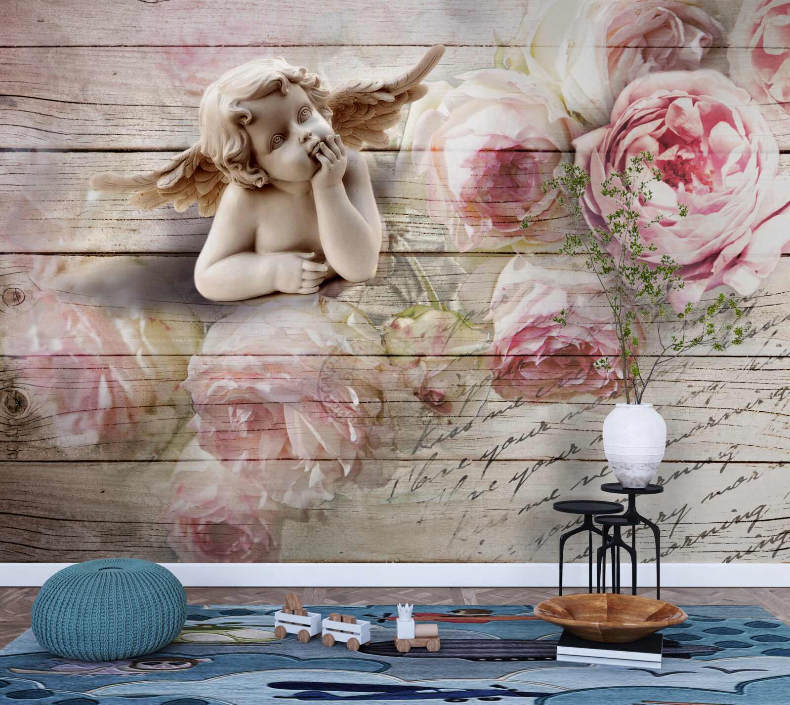 Fototapeta odblaskowy aniołek i szkarłatne pąki róż