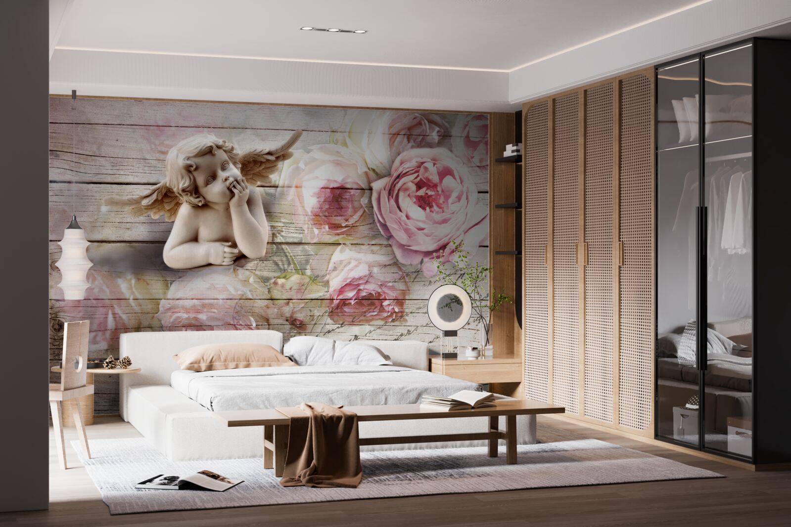 Fototapeta odblaskowy aniołek i szkarłatne pąki róż