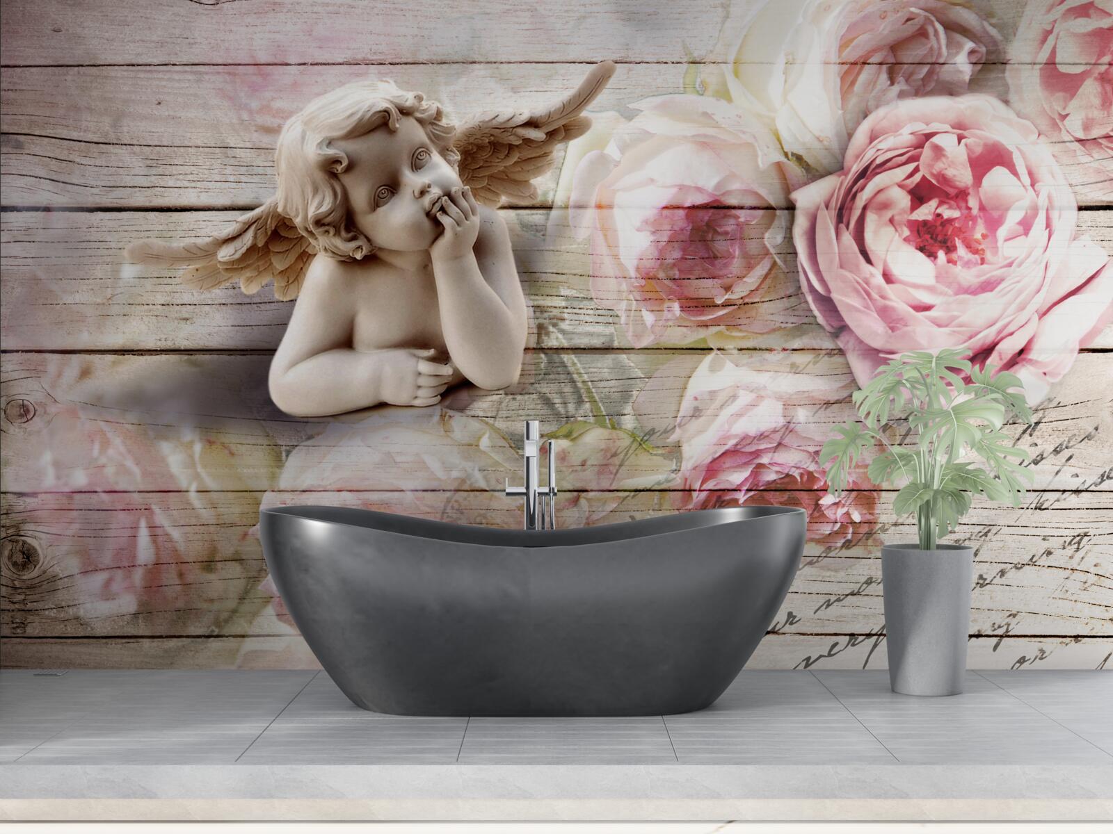 Fototapeta odblaskowy aniołek i szkarłatne pąki róż