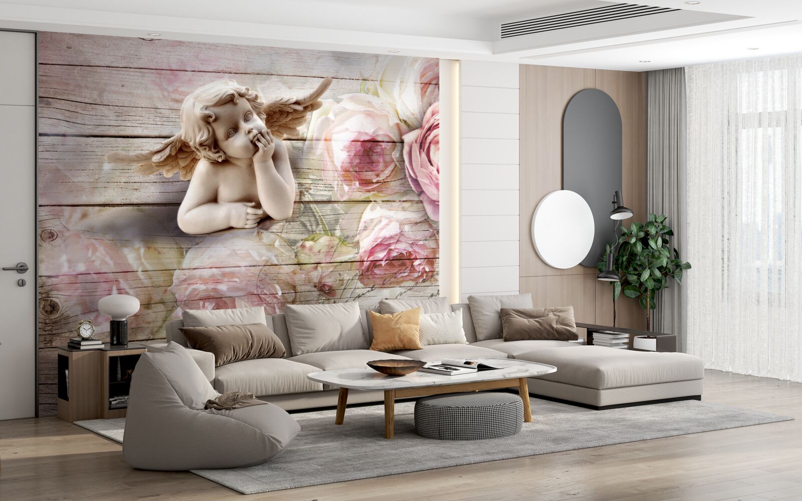 Fototapeta odblaskowy aniołek i szkarłatne pąki róż