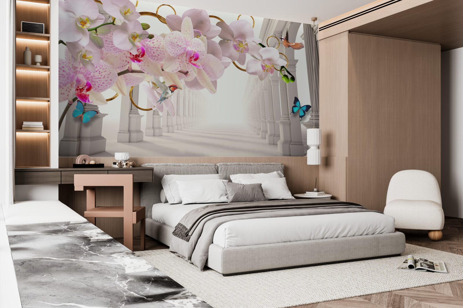 Fototapeta białe łuki ozdobione są orchideami i motylami