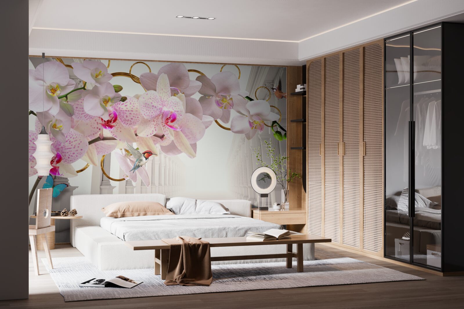 Fototapeta białe łuki ozdobione są orchideami i motylami