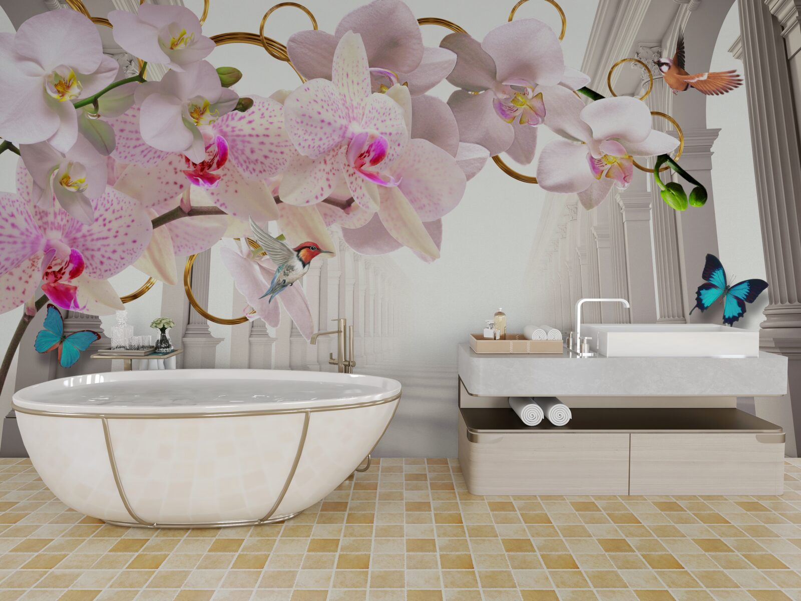 Fototapeta białe łuki ozdobione są orchideami i motylami