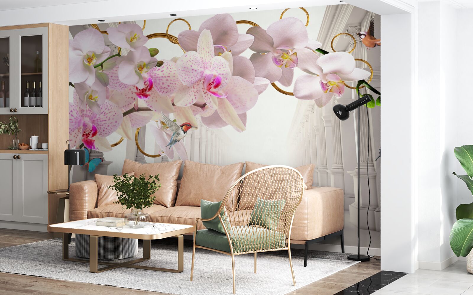 Fototapeta białe łuki ozdobione są orchideami i motylami