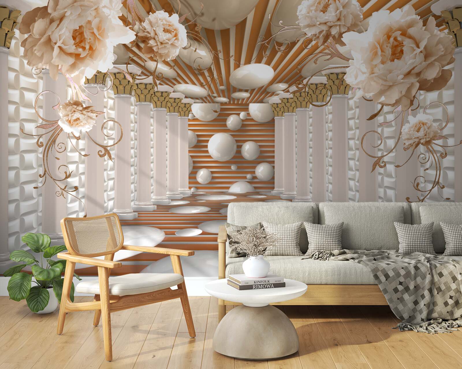 Fototapeta tunel abstrakcji ozdobiony kwiatami i kulkami