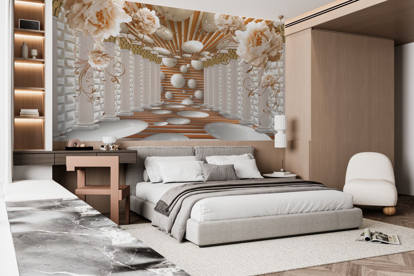 Fototapeta tunel abstrakcji ozdobiony kwiatami i kulkami