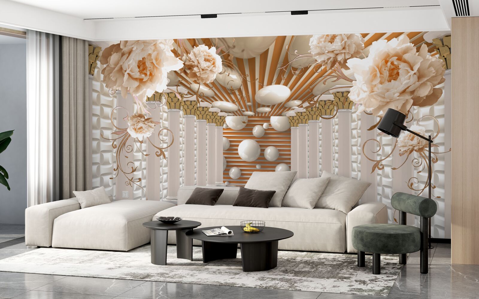 Fototapeta tunel abstrakcji ozdobiony kwiatami i kulkami