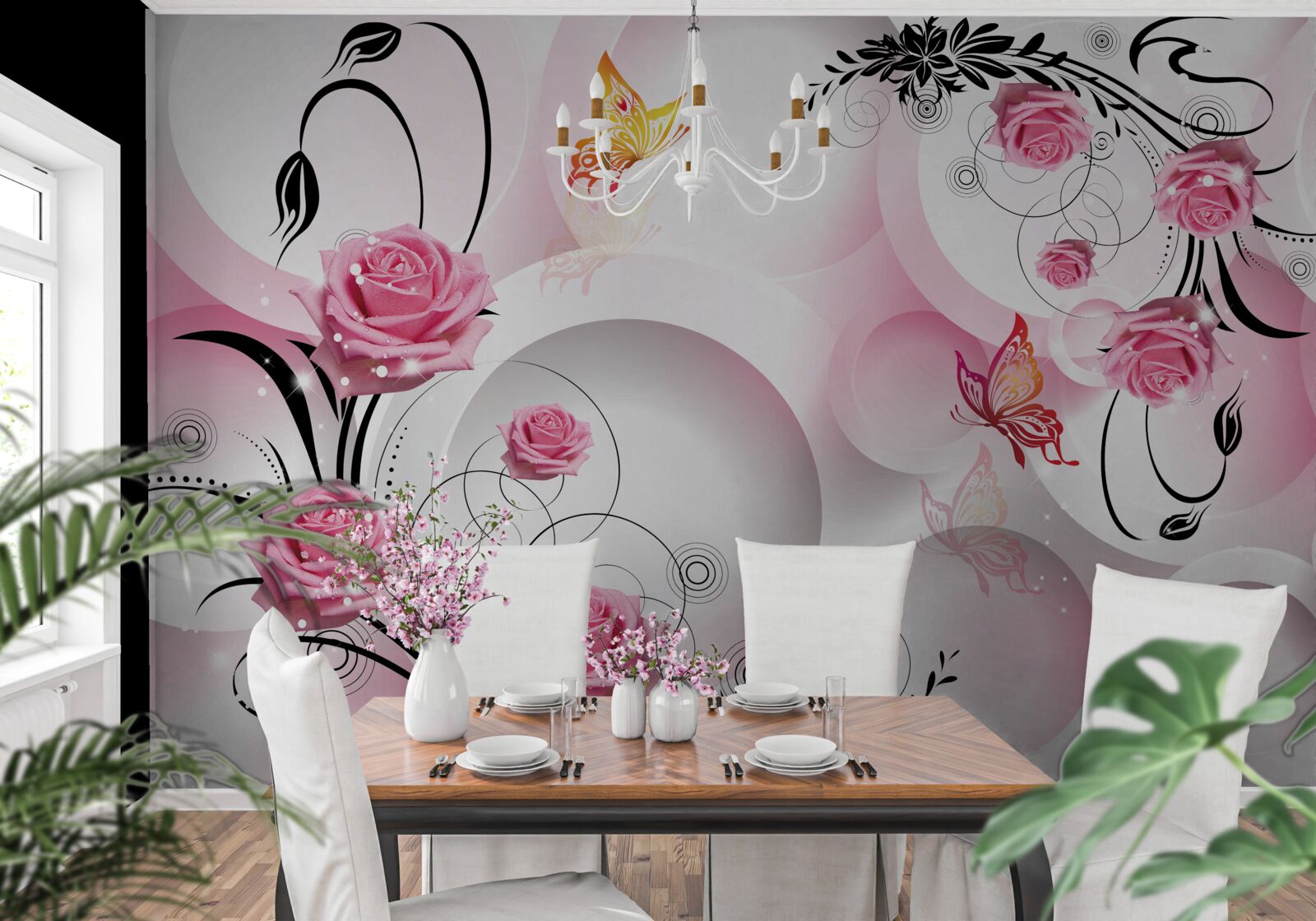 Fototapeta projekt różowych pąków z czarnymi gałęziami