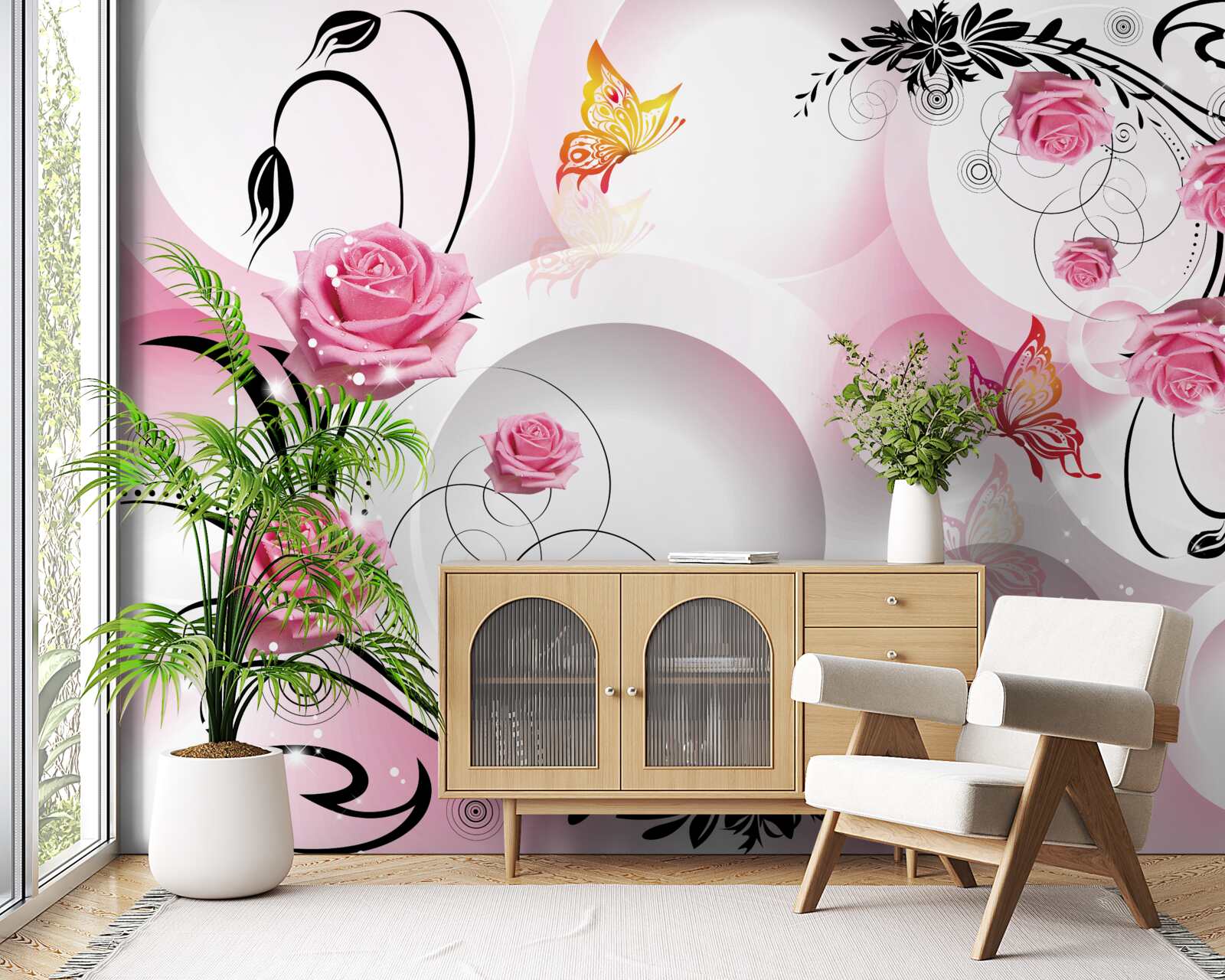 Fototapeta projekt różowych pąków z czarnymi gałęziami