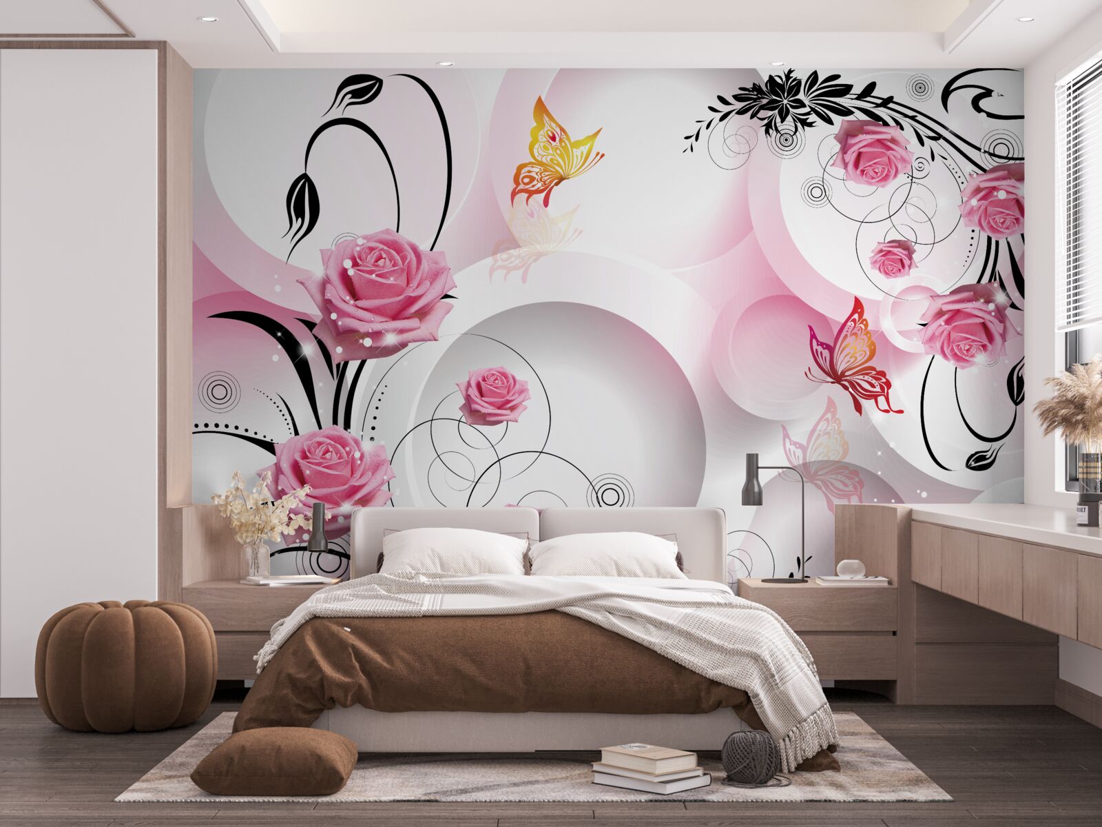 Fototapeta projekt różowych pąków z czarnymi gałęziami