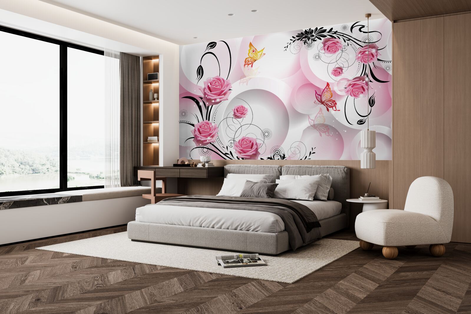 Fototapeta projekt różowych pąków z czarnymi gałęziami