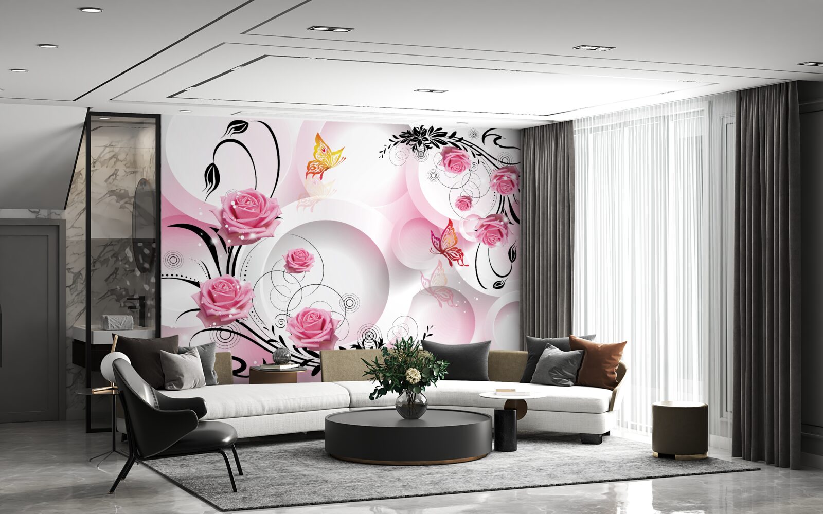 Fototapeta projekt różowych pąków z czarnymi gałęziami