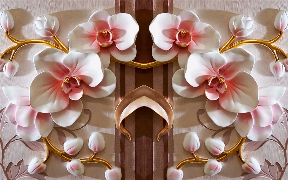 Fototapeta białe orchidee delikatnie odcinają się od złota gałęzi