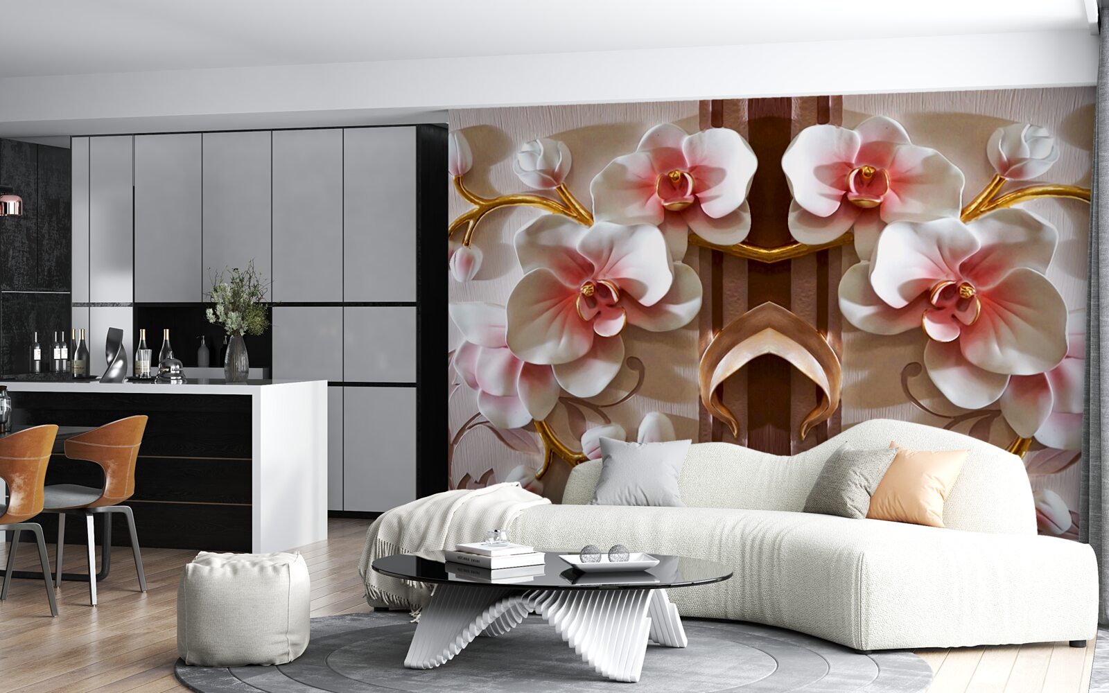 Fototapeta białe orchidee delikatnie odcinają się od złota gałęzi