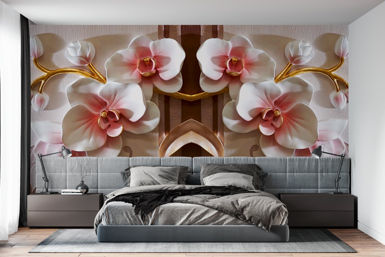 Fototapeta białe orchidee delikatnie odcinają się od złota gałęzi