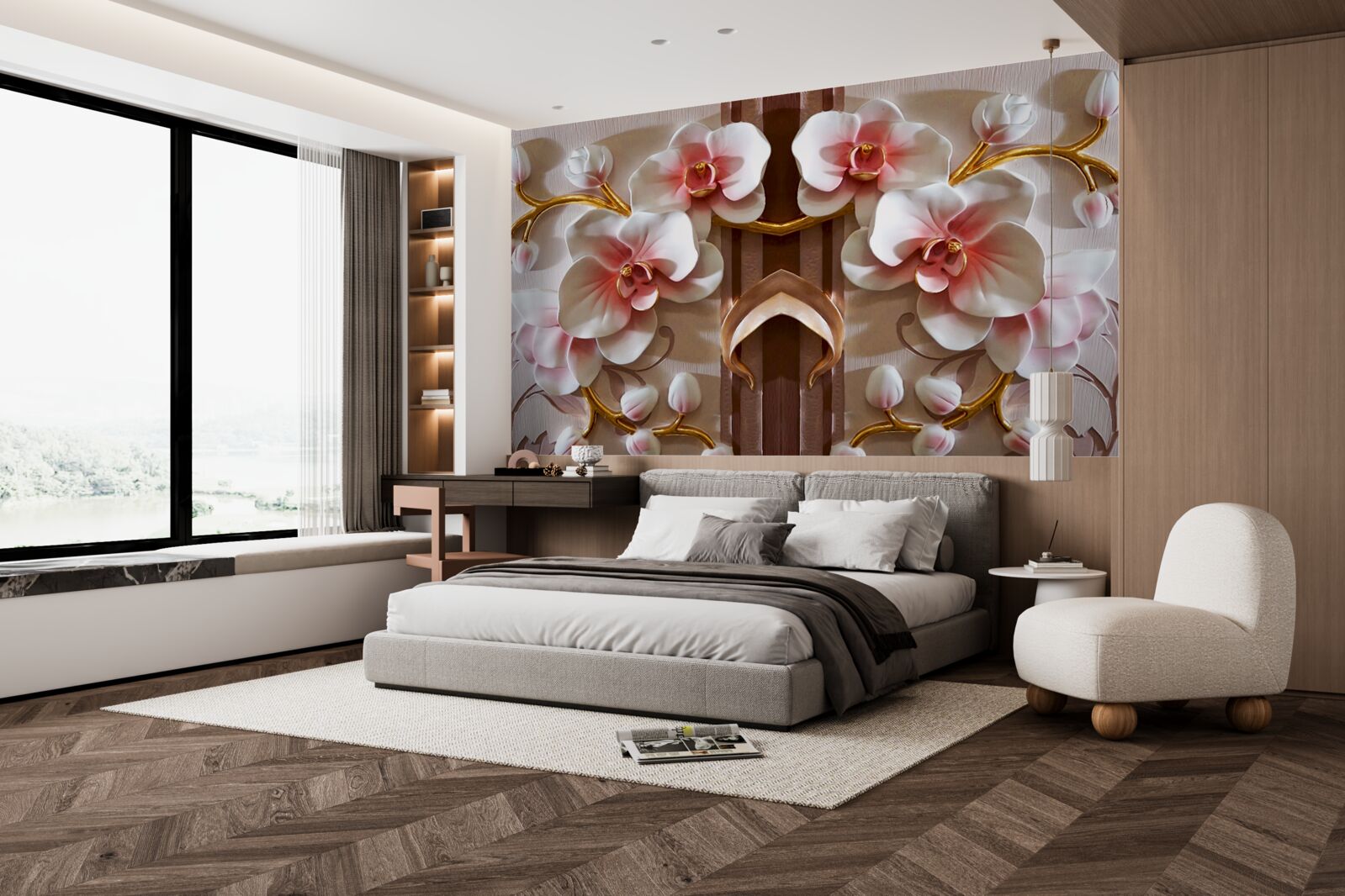 Fototapeta białe orchidee delikatnie odcinają się od złota gałęzi