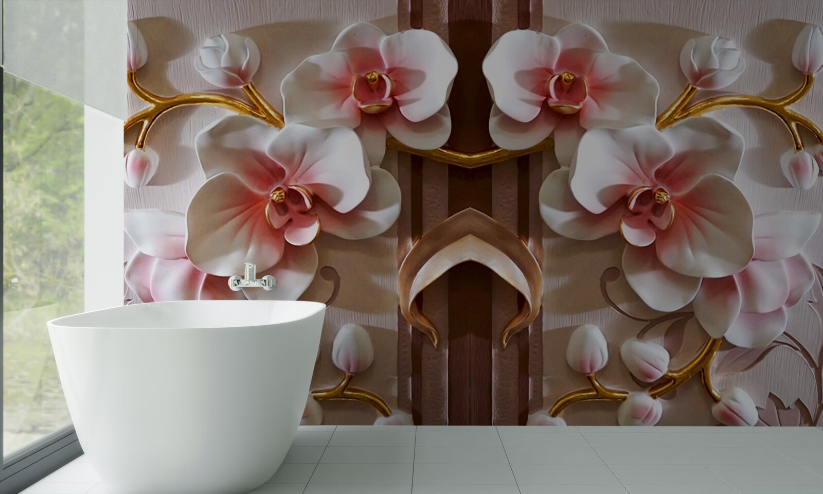 Fototapeta białe orchidee delikatnie odcinają się od złota gałęzi