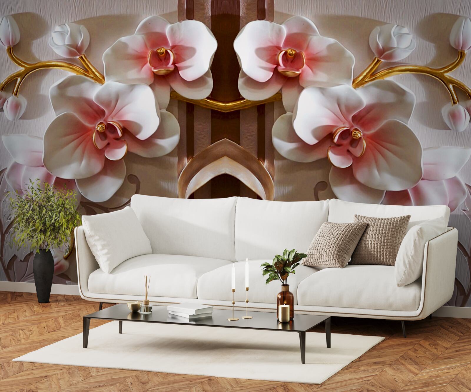 Fototapeta białe orchidee delikatnie odcinają się od złota gałęzi