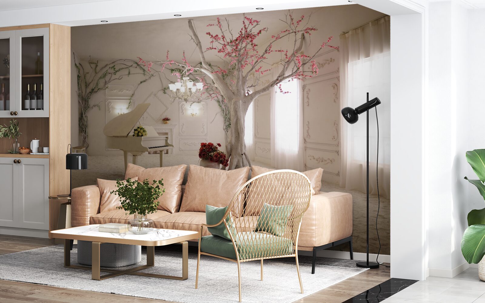 Fototapeta na środku pokoju stoi fortepian i drzewo