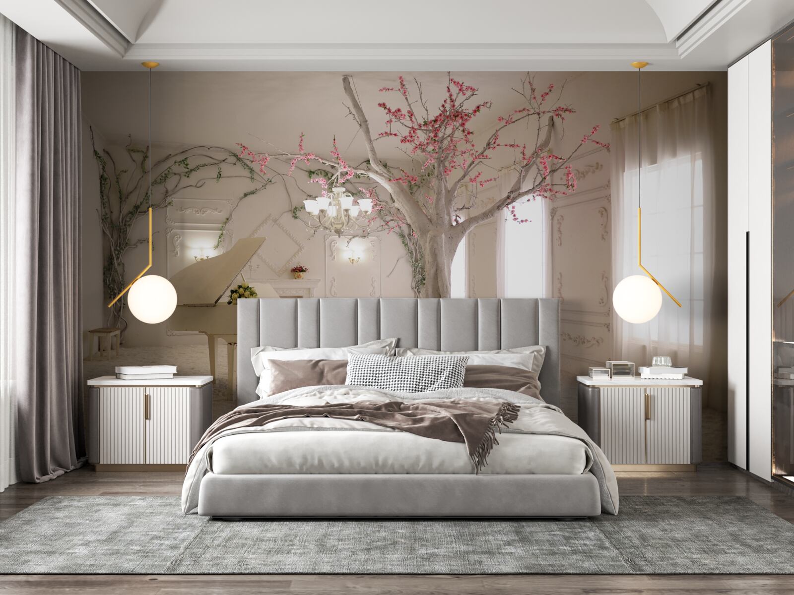 Fototapeta na środku pokoju stoi fortepian i drzewo