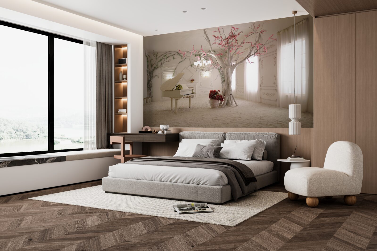 Fototapeta na środku pokoju stoi fortepian i drzewo