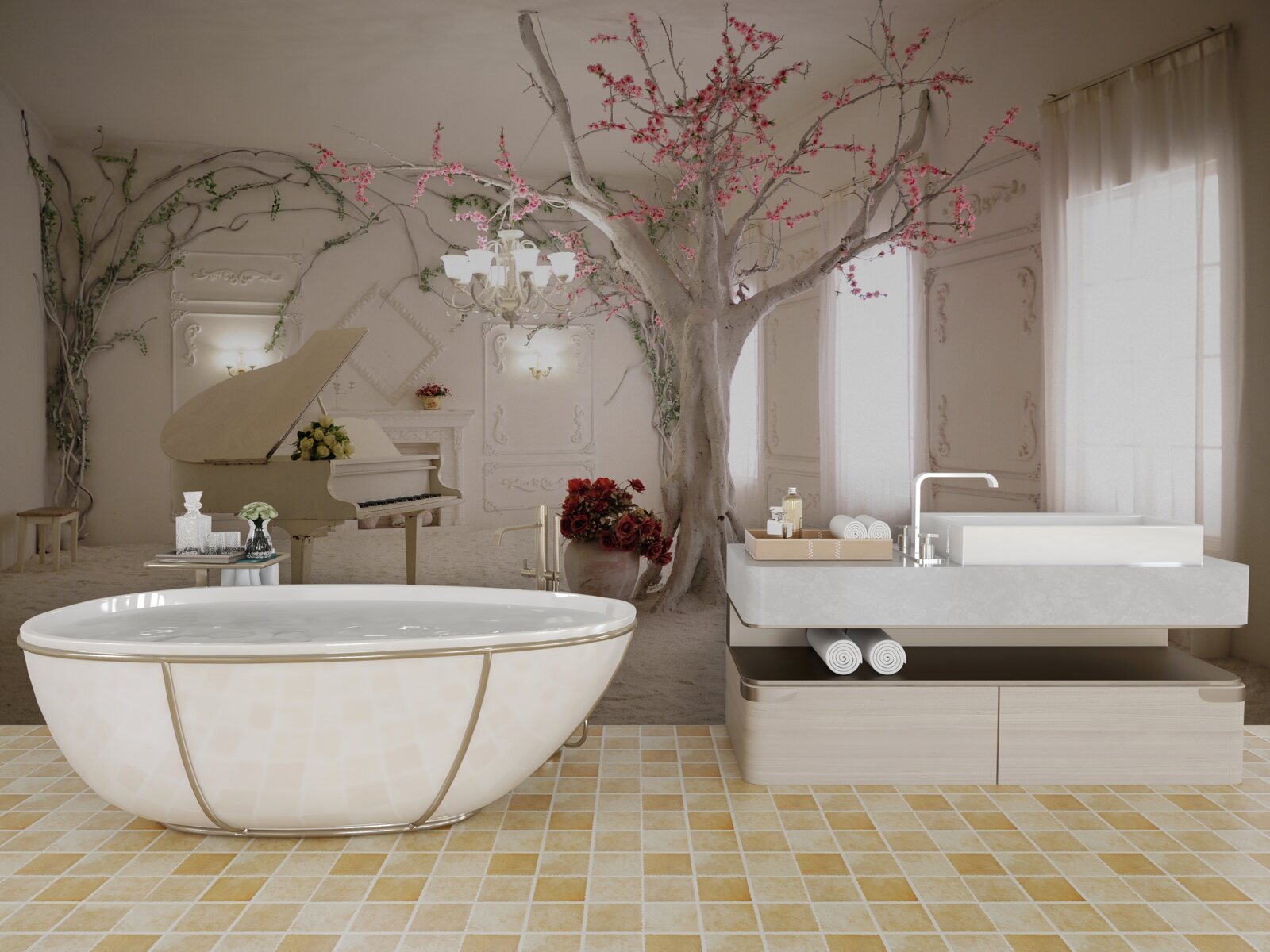 Fototapeta na środku pokoju stoi fortepian i drzewo