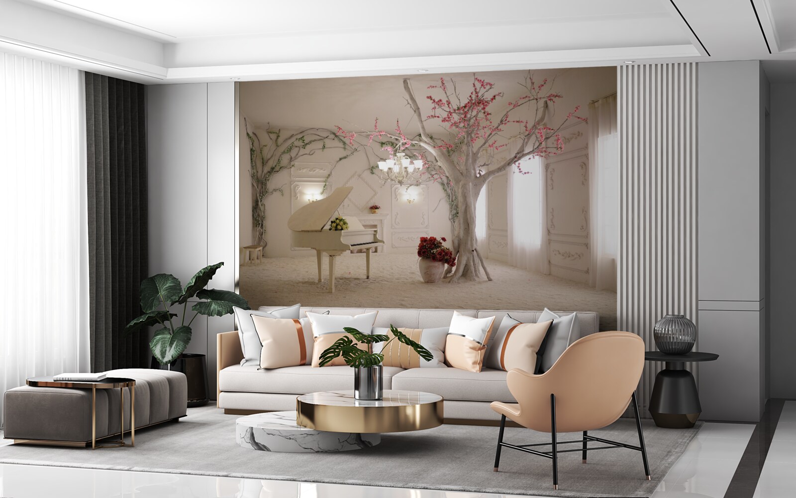 Fototapeta na środku pokoju stoi fortepian i drzewo