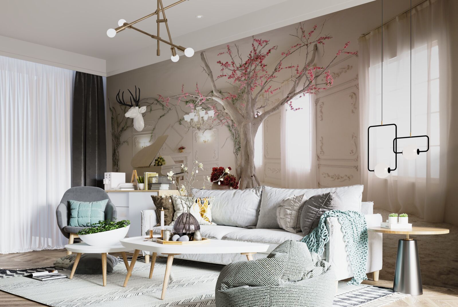 Fototapeta na środku pokoju stoi fortepian i drzewo