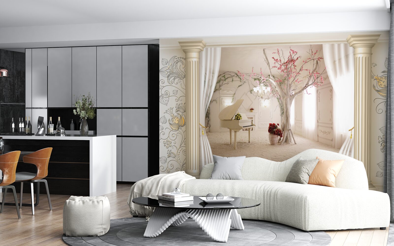 Fototapeta wygodny salon z prawdziwym drewnem