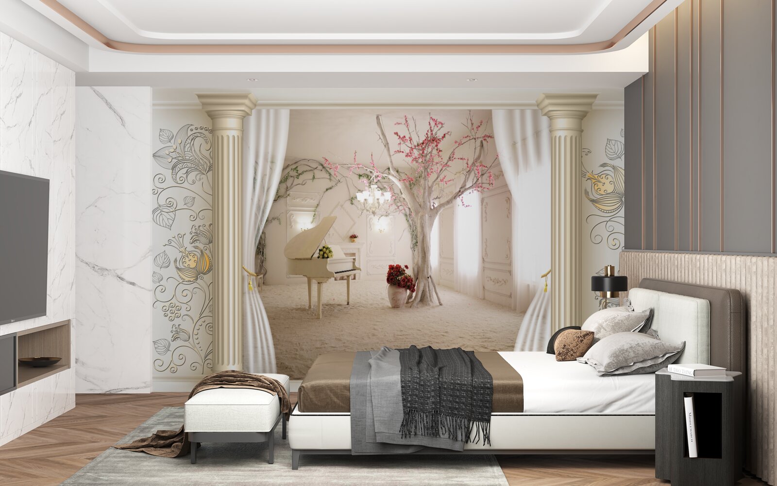 Fototapeta wygodny salon z prawdziwym drewnem