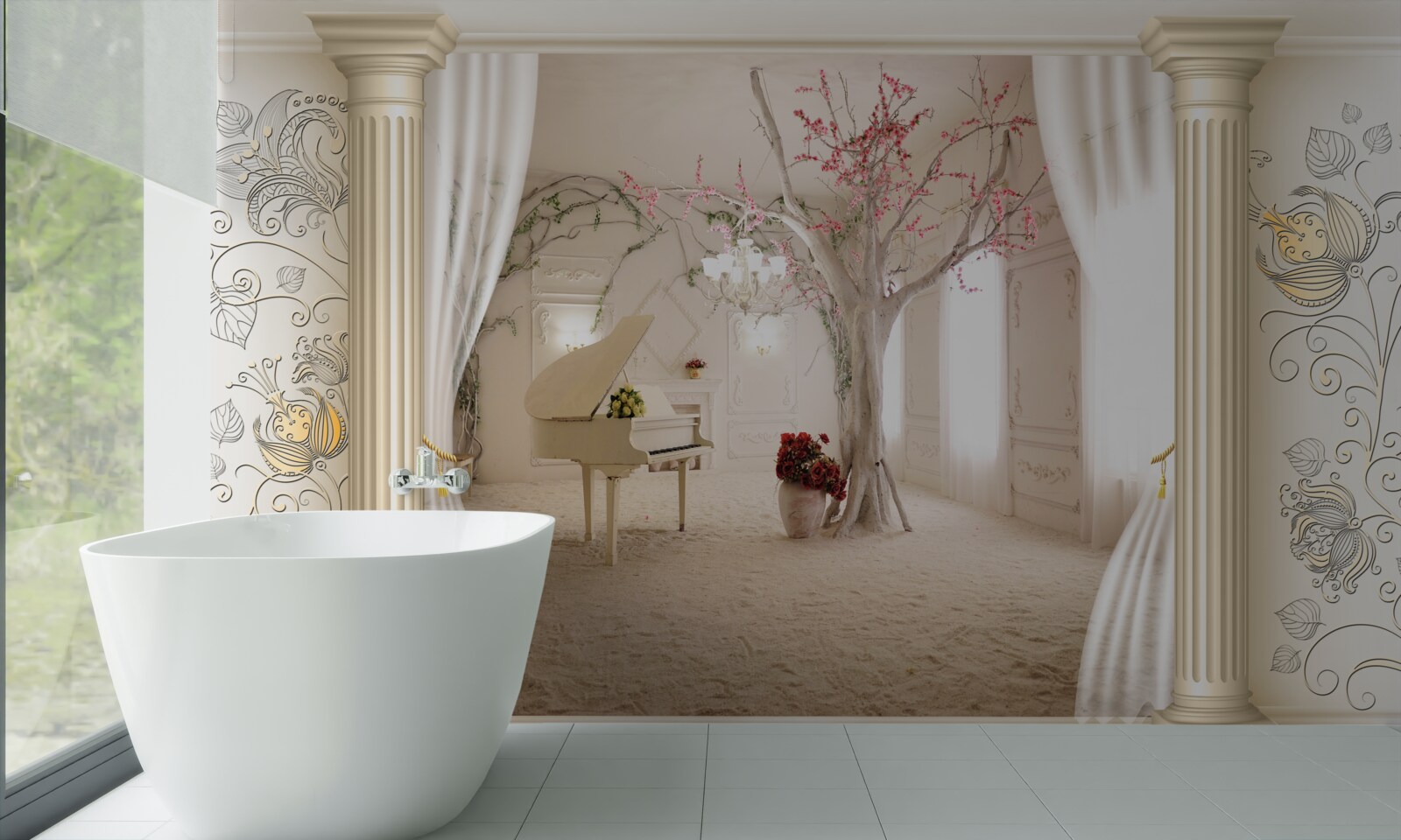 Fototapeta wygodny salon z prawdziwym drewnem