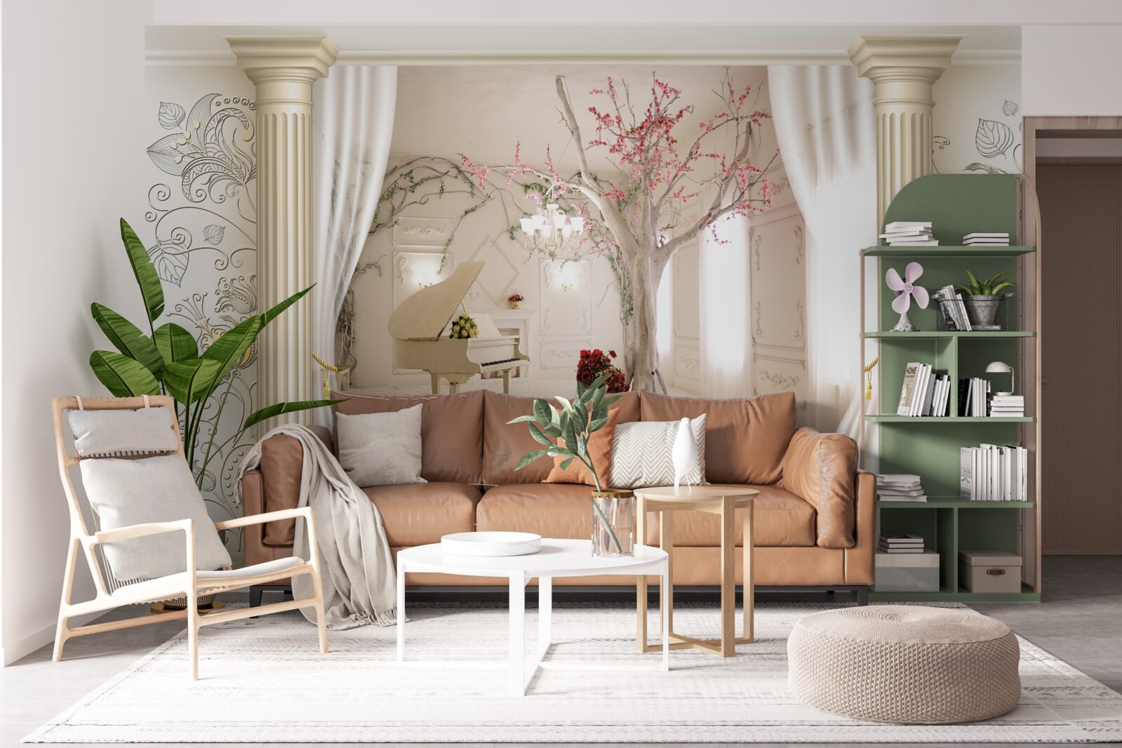 Fototapeta wygodny salon z prawdziwym drewnem