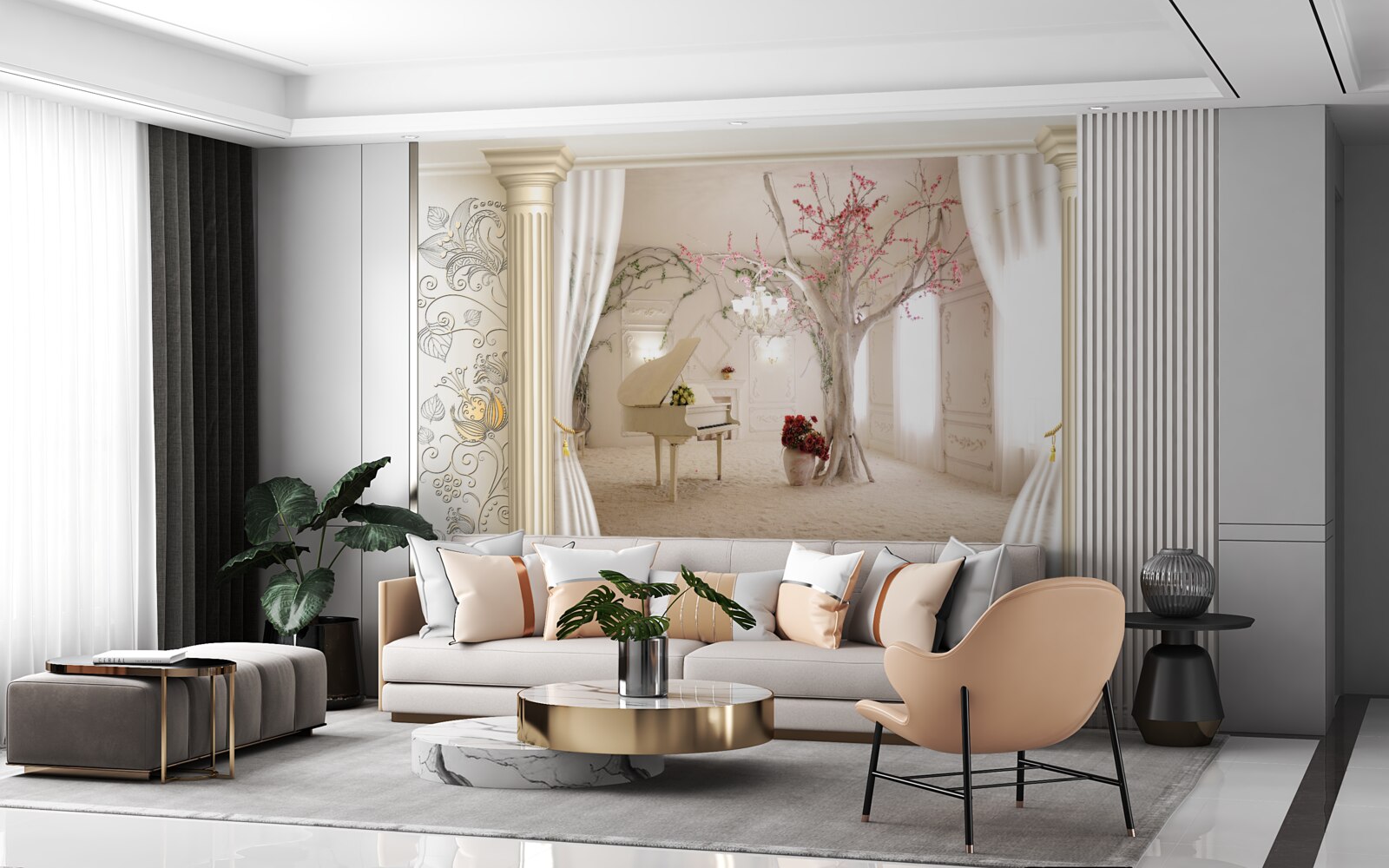 Fototapeta wygodny salon z prawdziwym drewnem