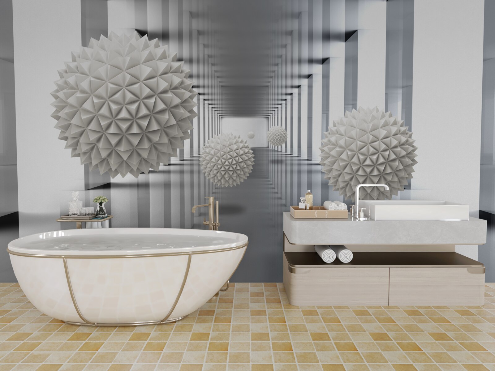 Fototapeta tunel perspektywiczny, oświetlony i ozdobiony balonami