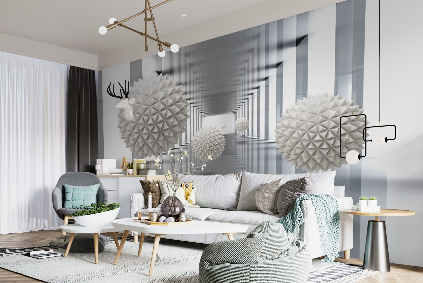 Fototapeta tunel perspektywiczny, oświetlony i ozdobiony balonami