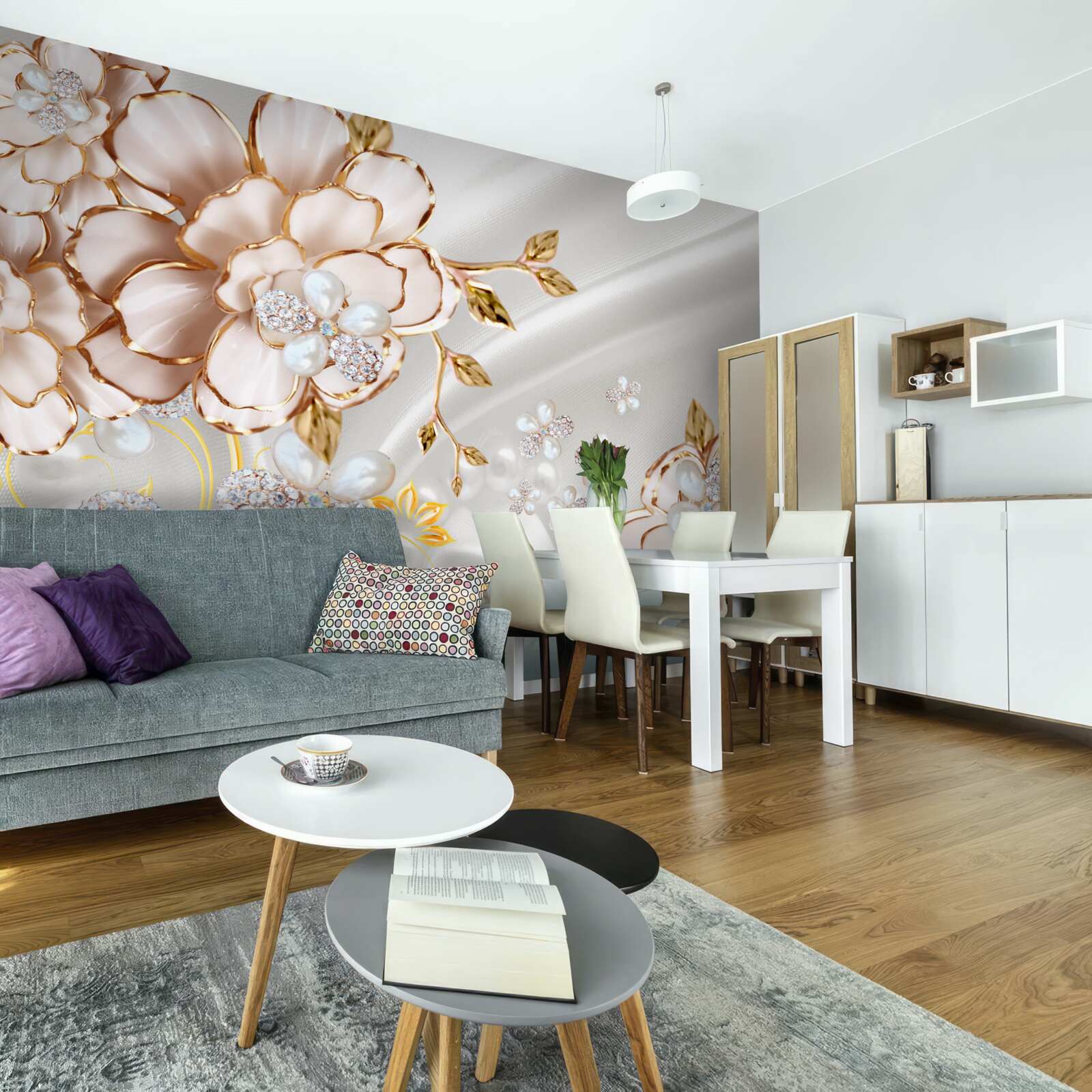 Fototapeta piwonie inkrustowane perłami o złotych odcieniach