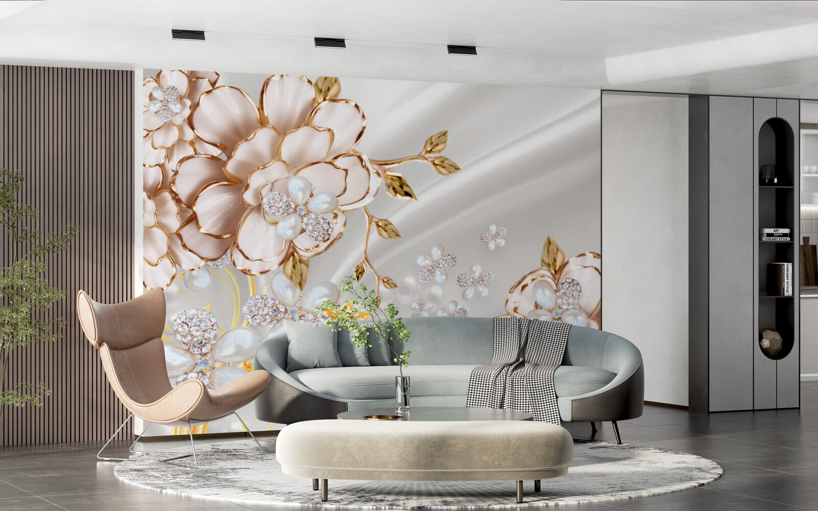 Fototapeta piwonie inkrustowane perłami o złotych odcieniach