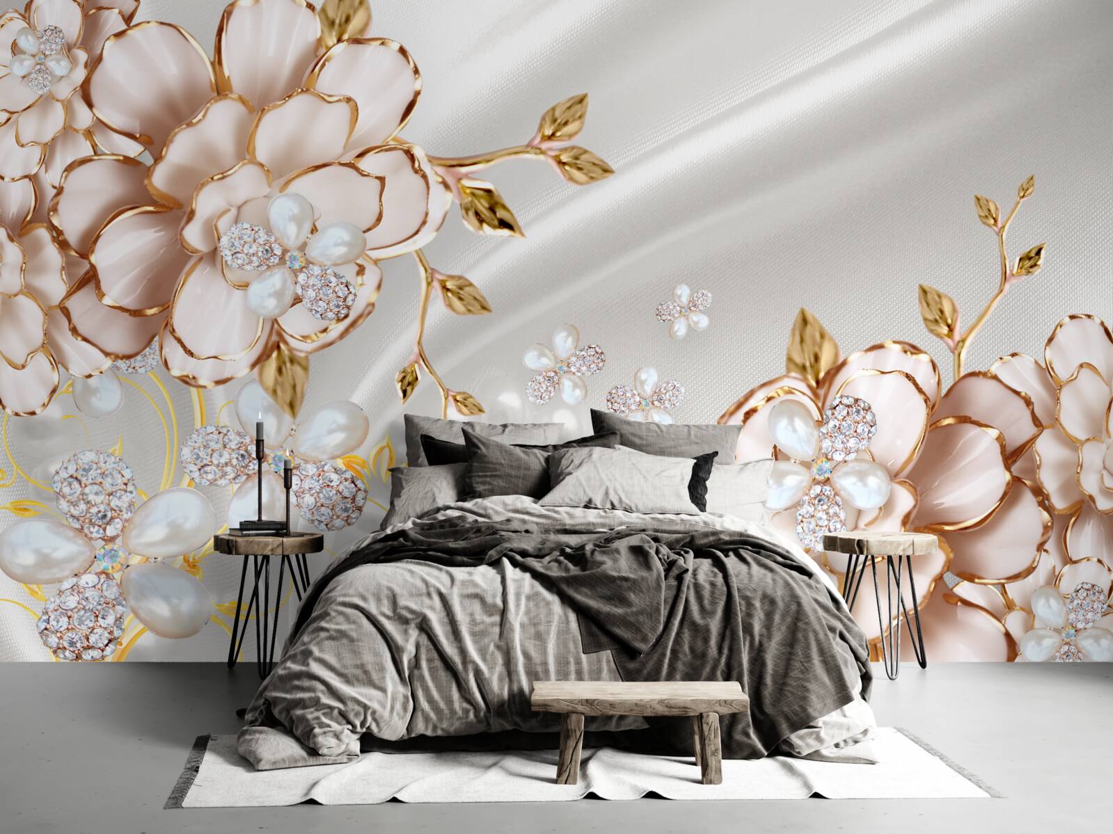 Fototapeta piwonie inkrustowane perłami o złotych odcieniach