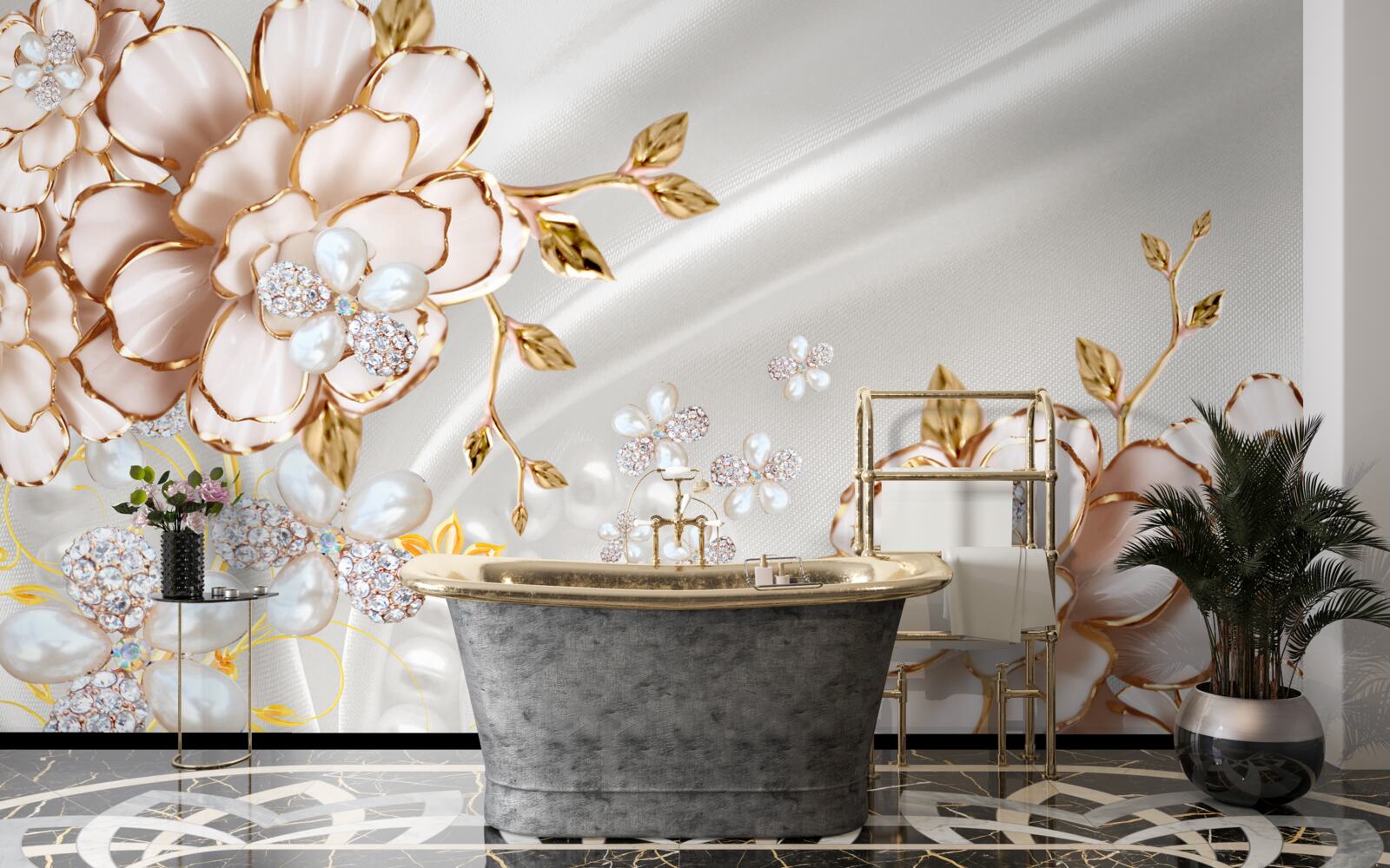 Fototapeta piwonie inkrustowane perłami o złotych odcieniach