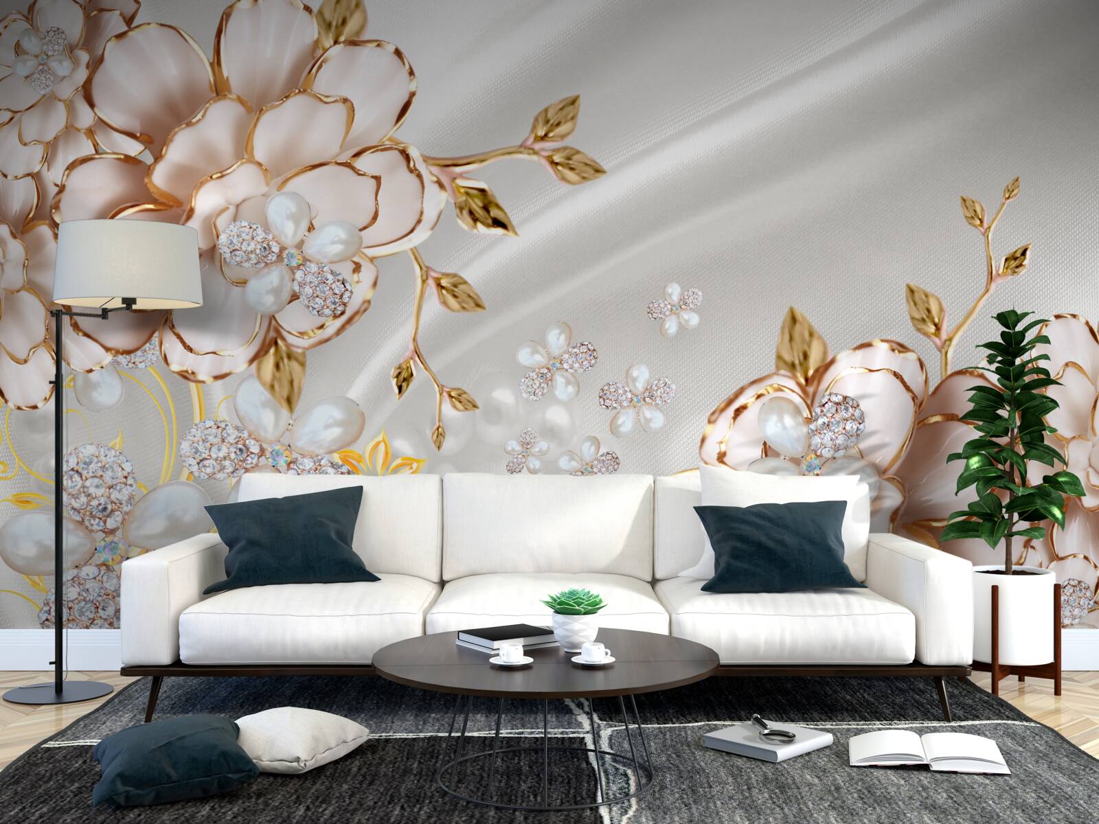 Fototapeta piwonie inkrustowane perłami o złotych odcieniach