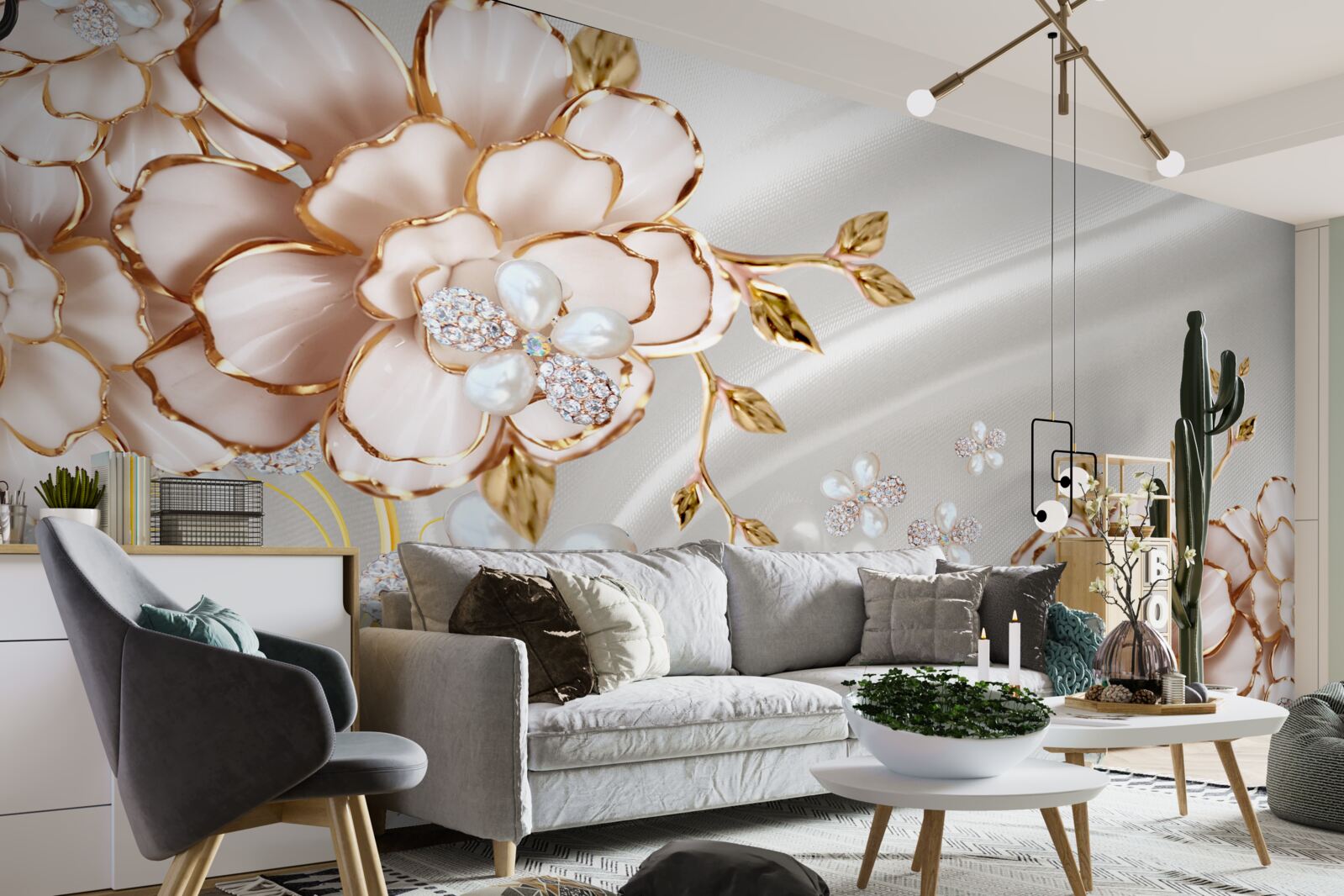 Fototapeta piwonie inkrustowane perłami o złotych odcieniach