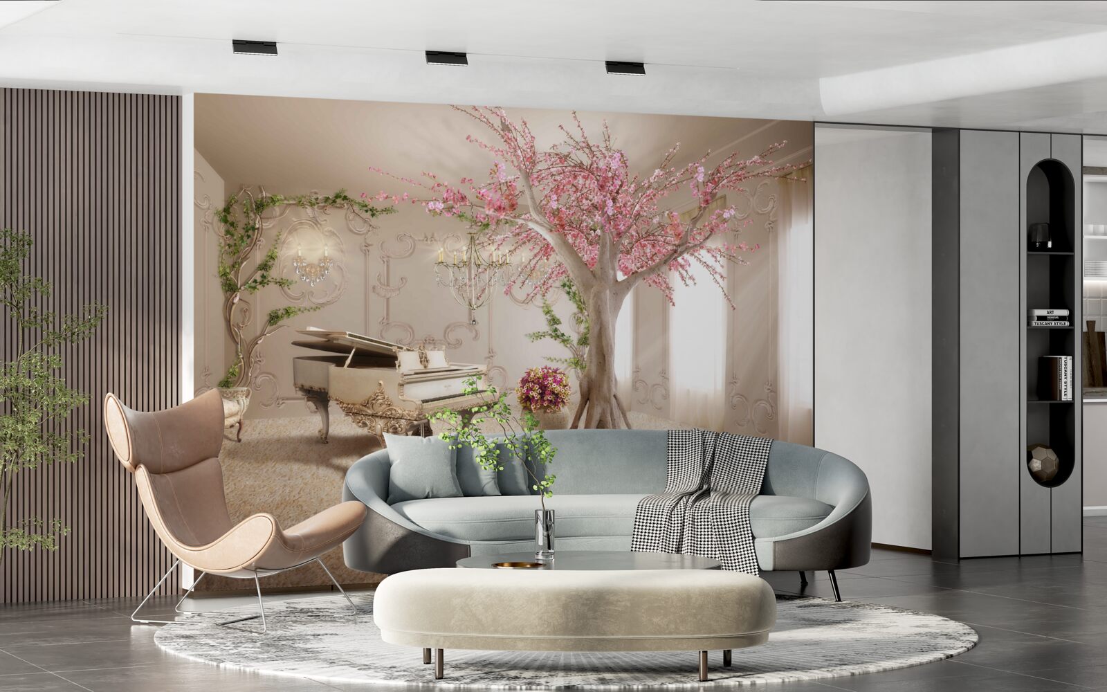 Fototapeta magiczny salon z drzewem sakura