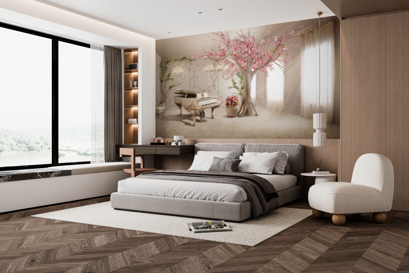 Fototapeta magiczny salon z drzewem sakura