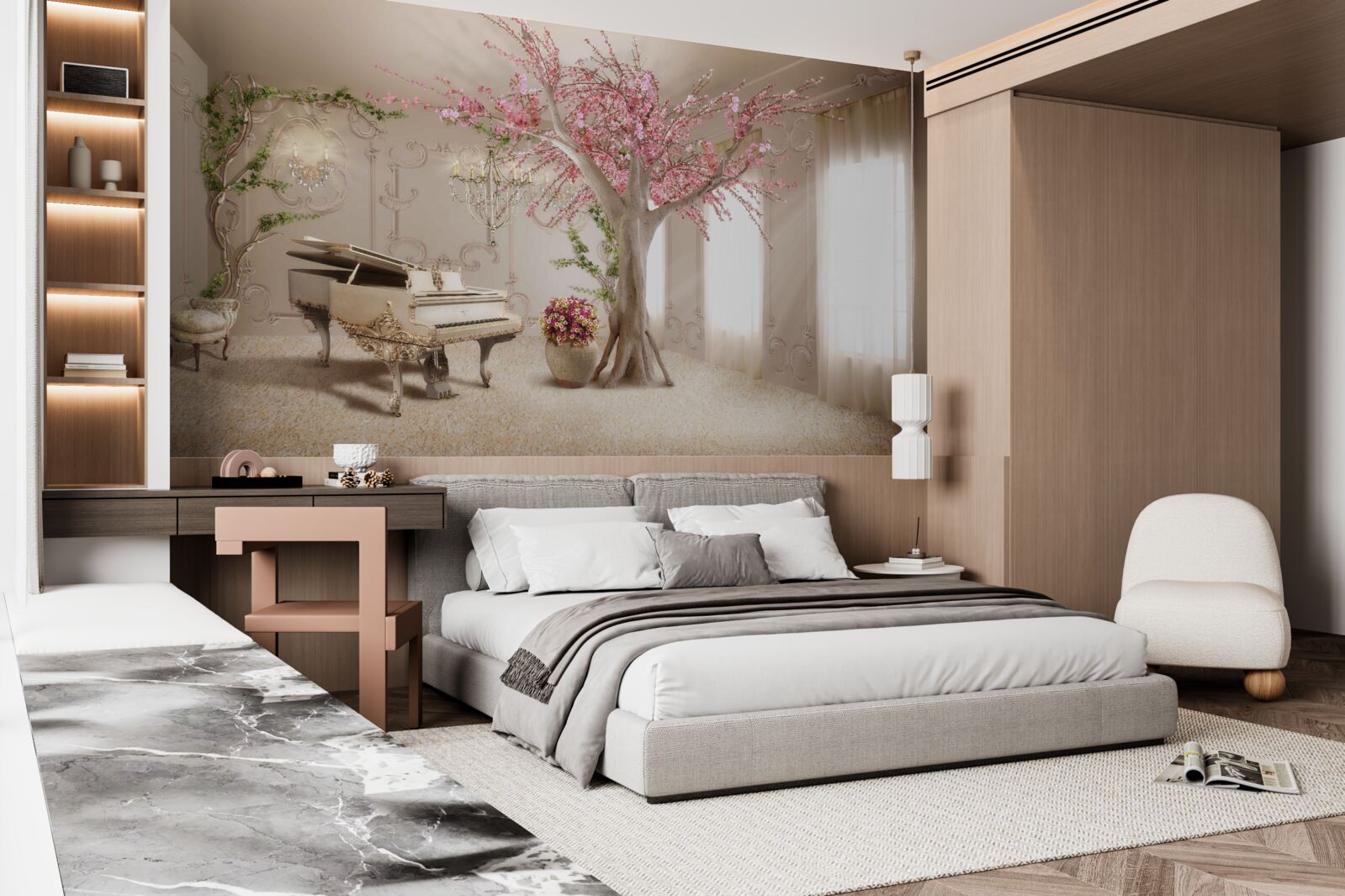 Fototapeta magiczny salon z drzewem sakura