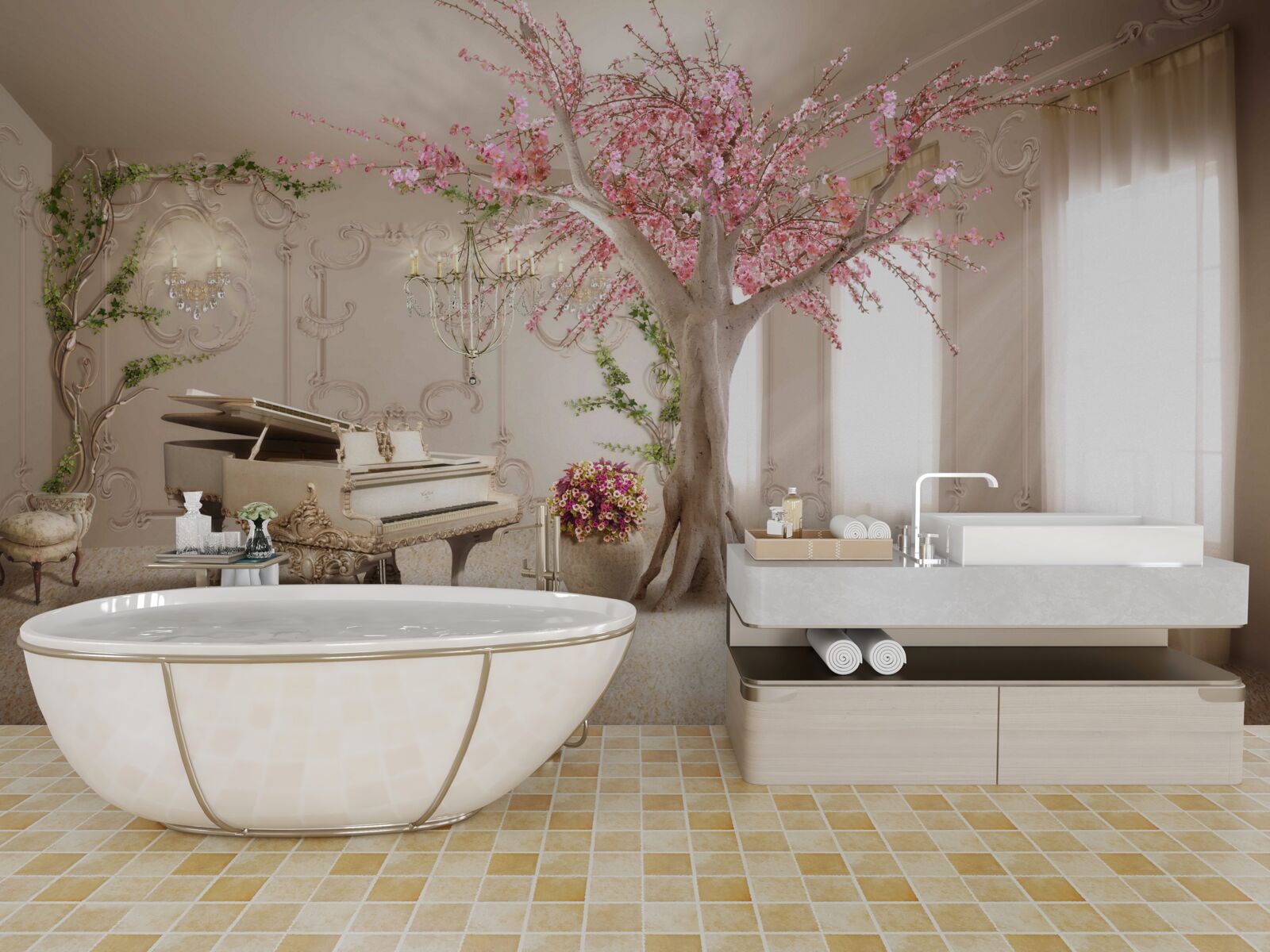 Fototapeta magiczny salon z drzewem sakura